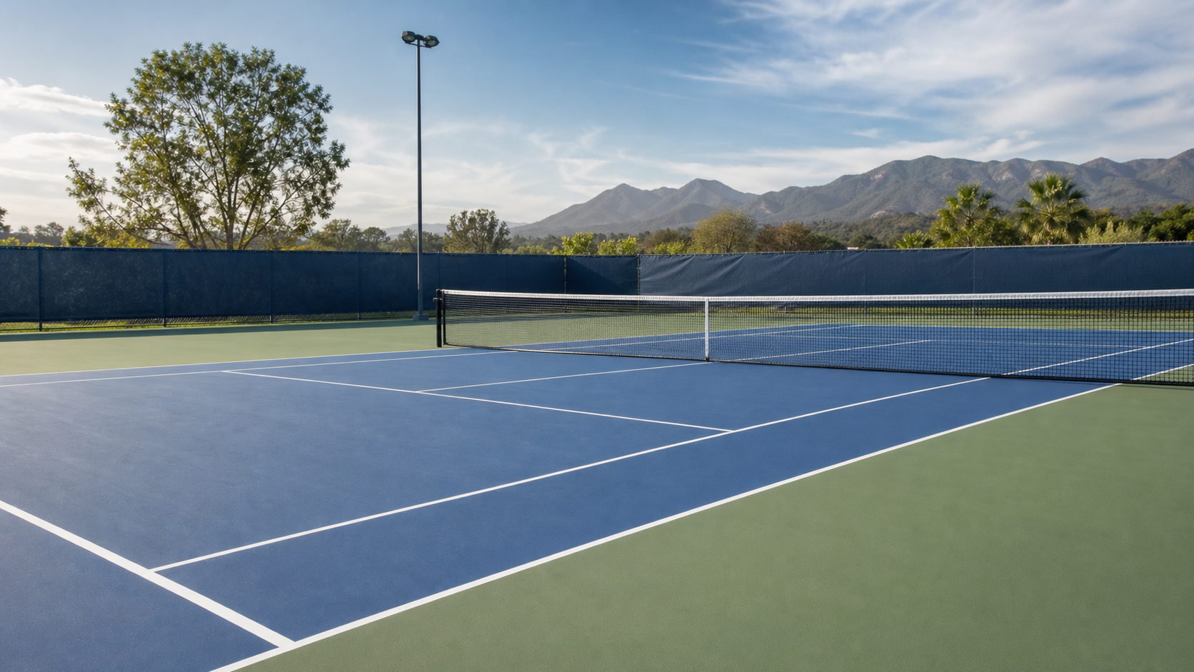 Outdoor hard tennis court in daylight